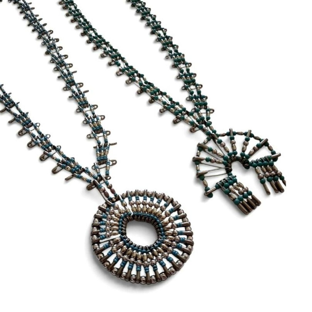Bundle 2 Vintage 70s Safety Pin Beaded Pendant Necklaces Turquoise Silver Boho